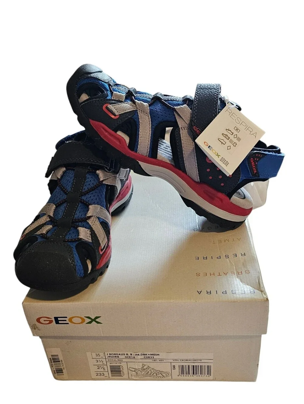 Geox Kids J Borealis B Boy Sandals Royal Blue Red Size US 3.5 EU 35 NEW In BOX